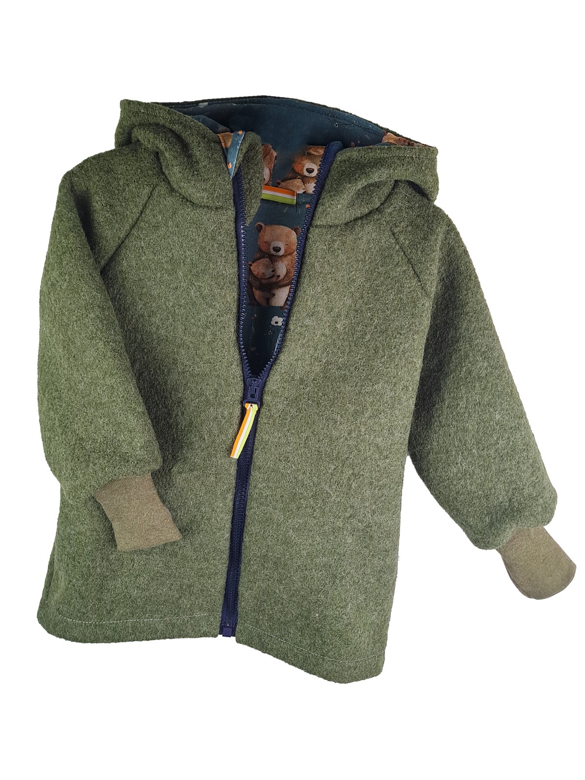 Walkjacke moosgrün meliert mit Bärenliebling