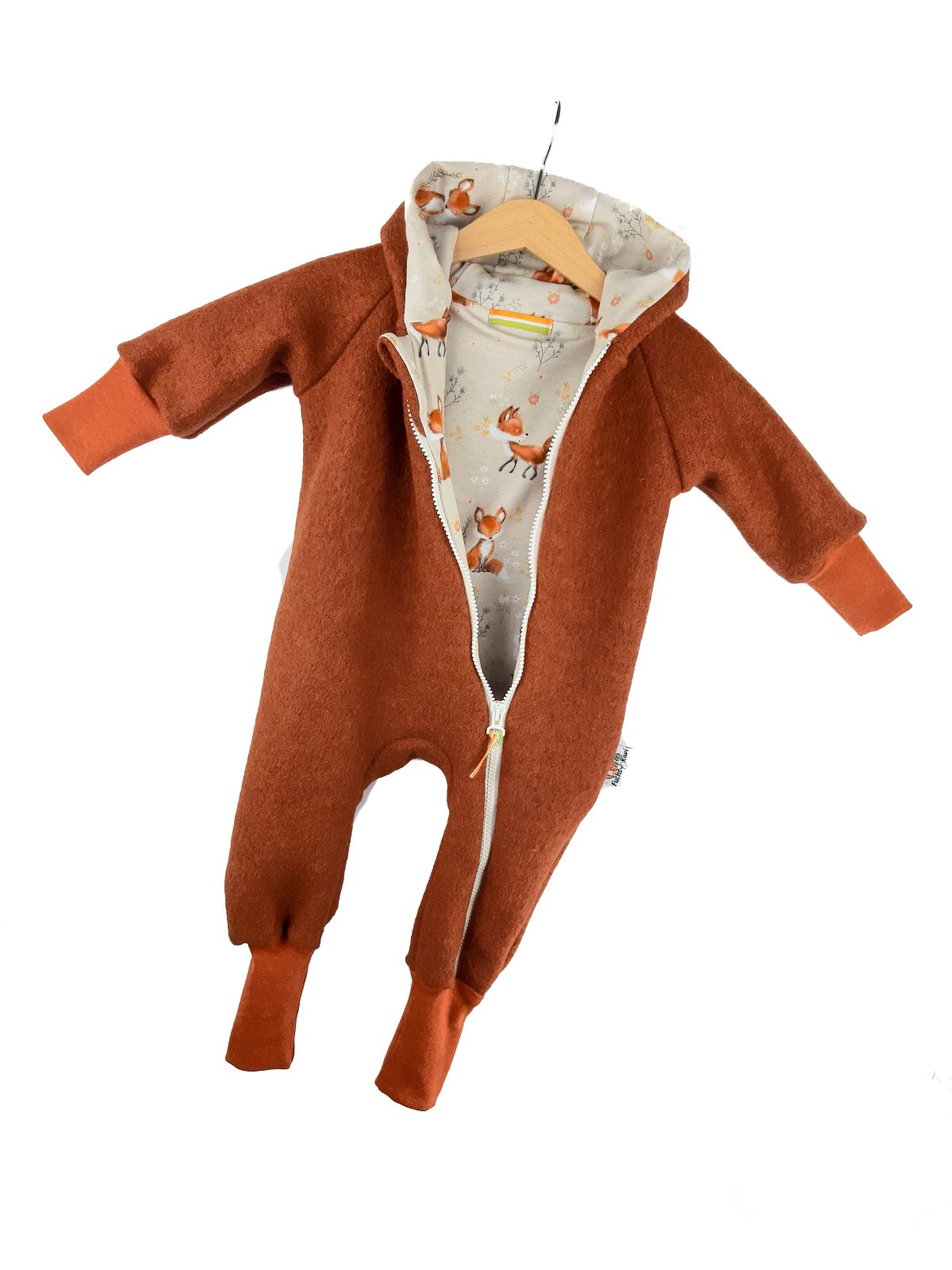 Walkoverall aus Merinowolle rost mit Fuchsi creme 74/80