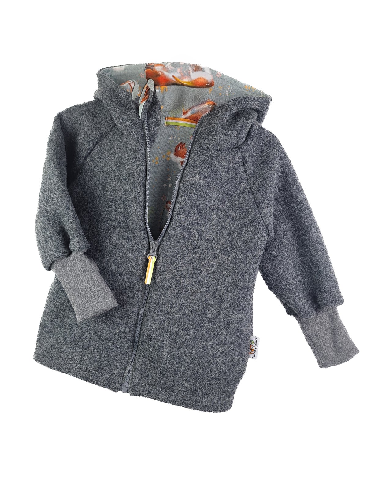 Walkjacke aus Merino Wollfleece grau mit Fuchsi grau