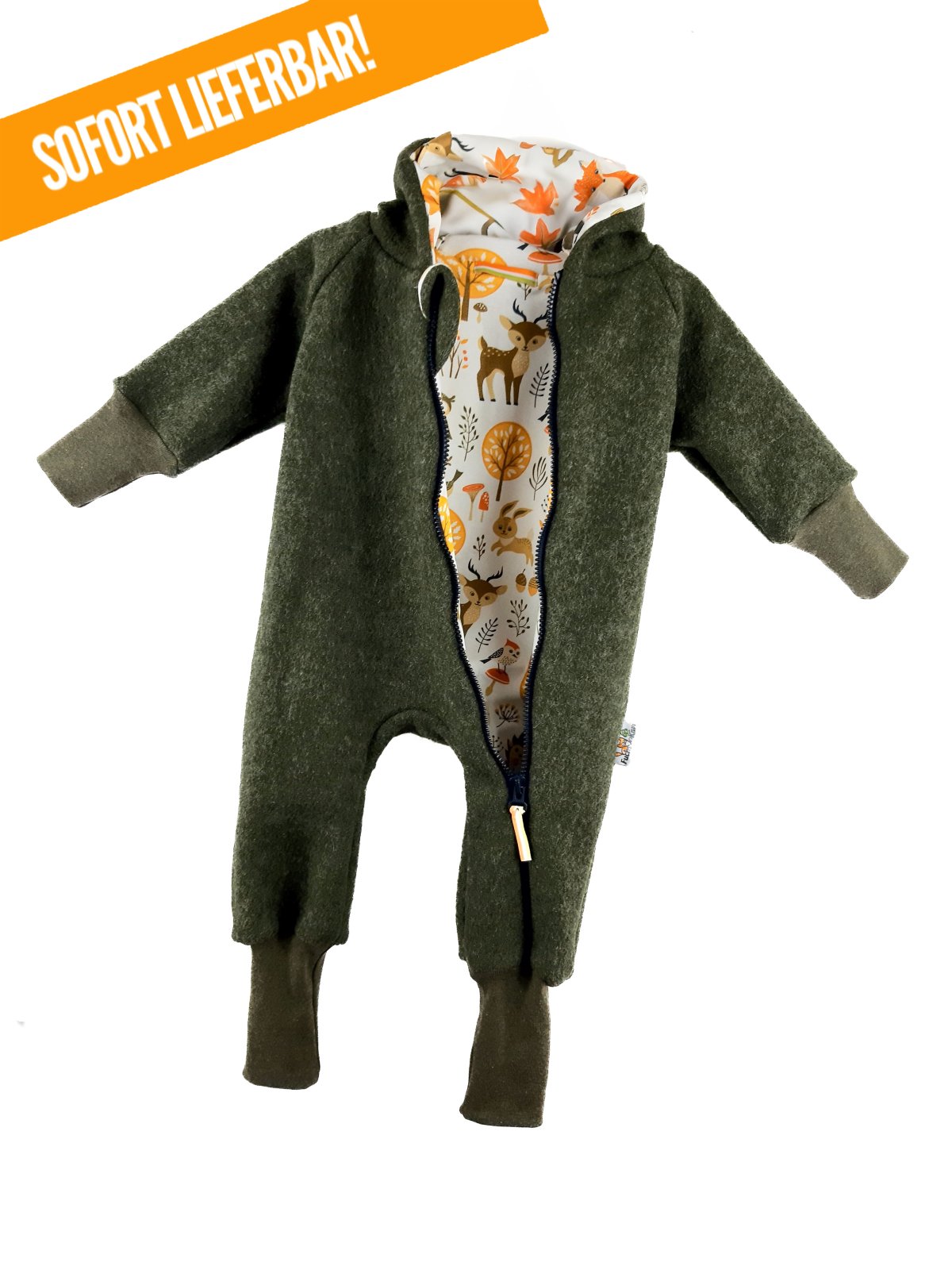 Walkoverall moosgrün meliert mit Waldtiere creme