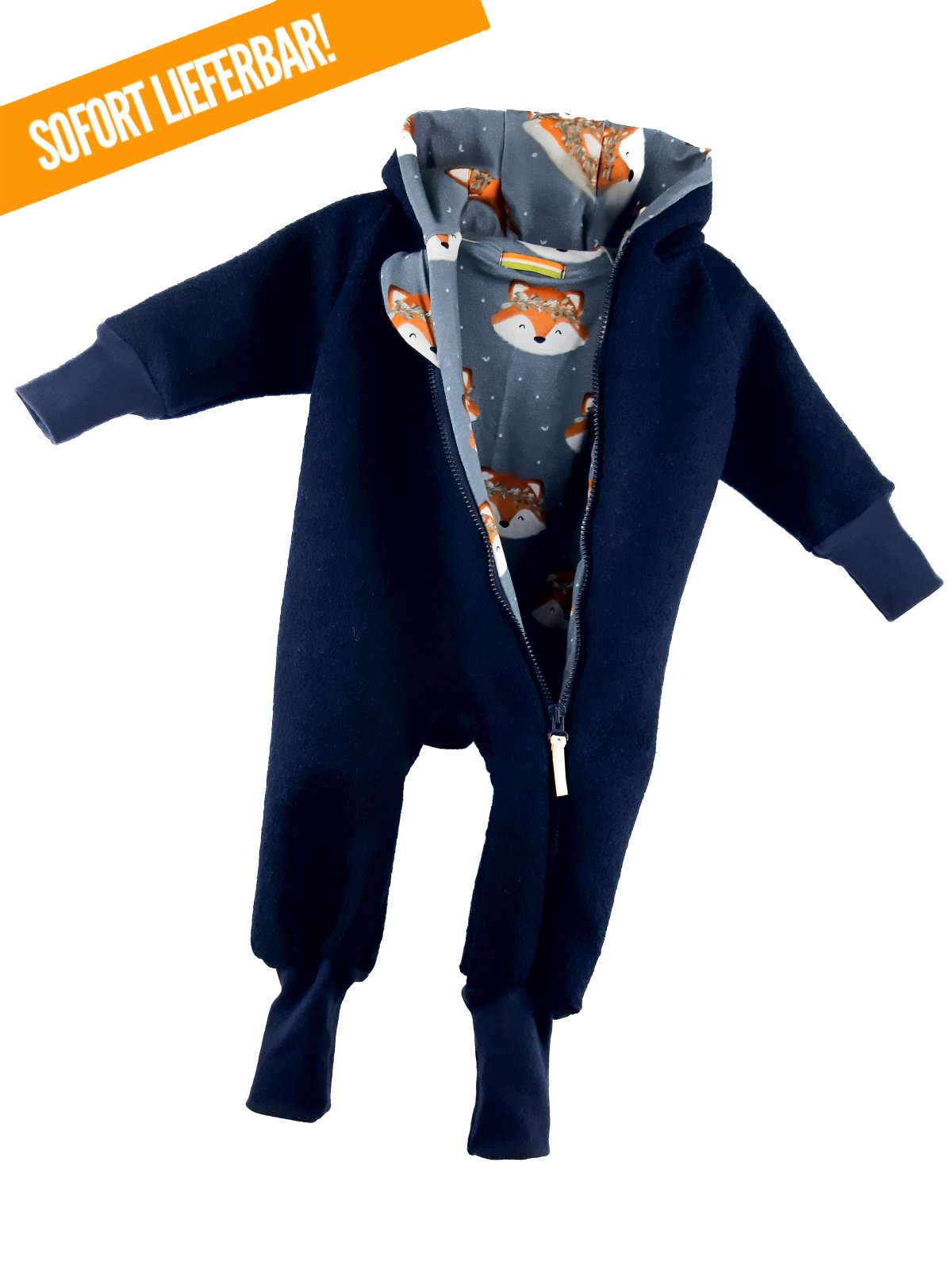 Walkoverall aus Merino Wollfleece blau mit Fuchsi blau