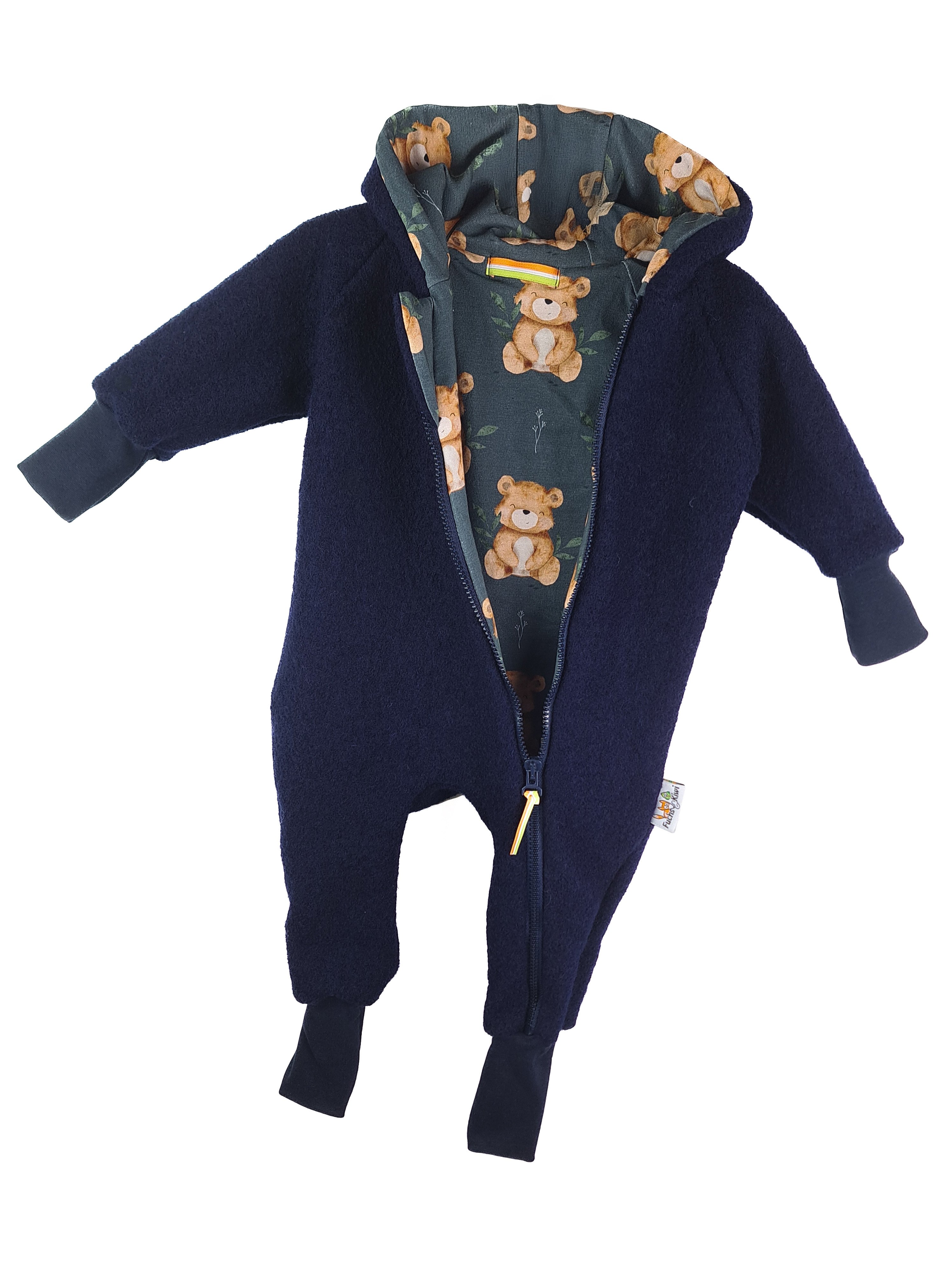 Walkoverall aus Merino Wollfleece blau mit Teddybär