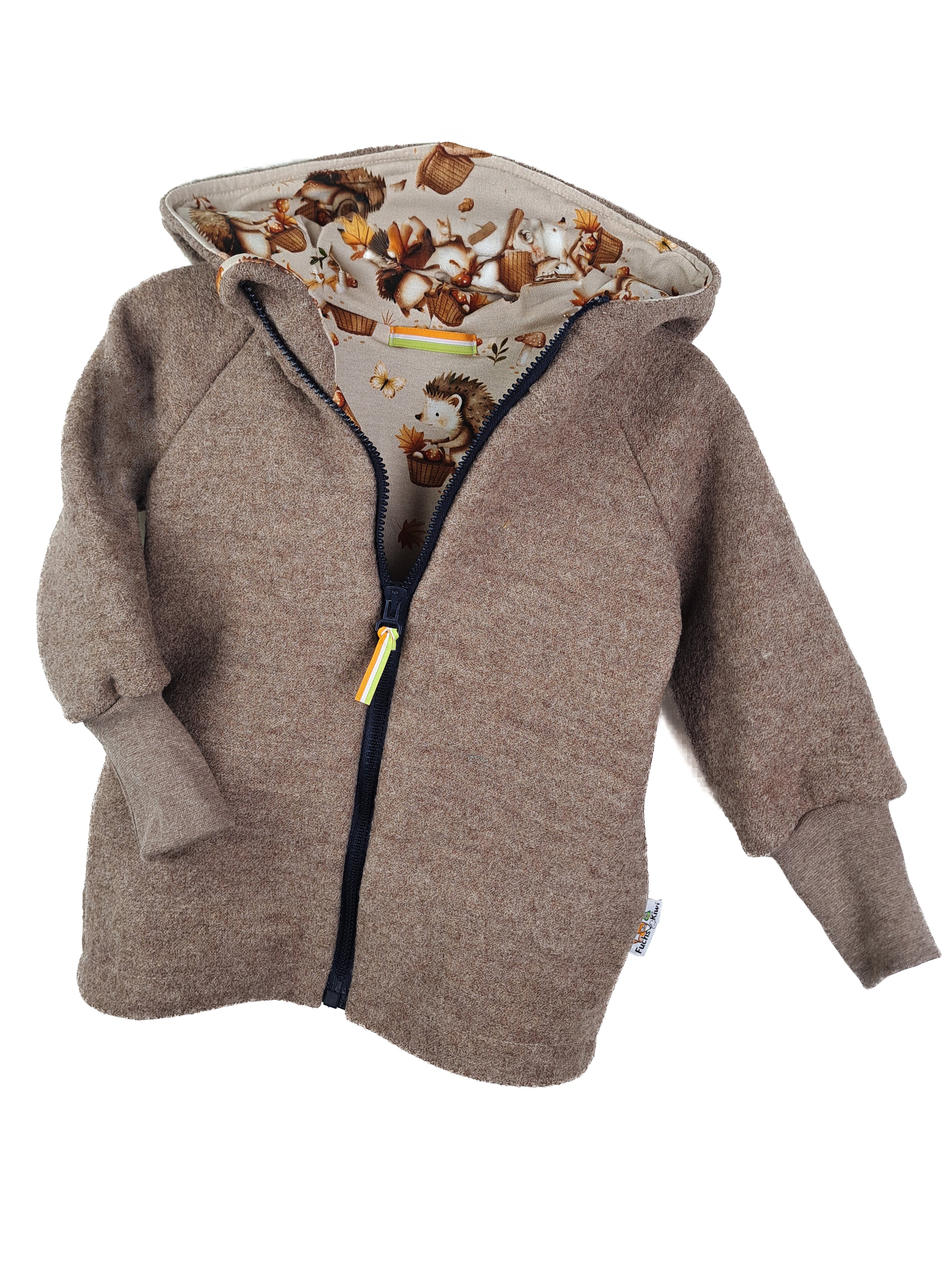 Walkjacke aus Merino Wollfleece braun meliert mit Stacheldieb