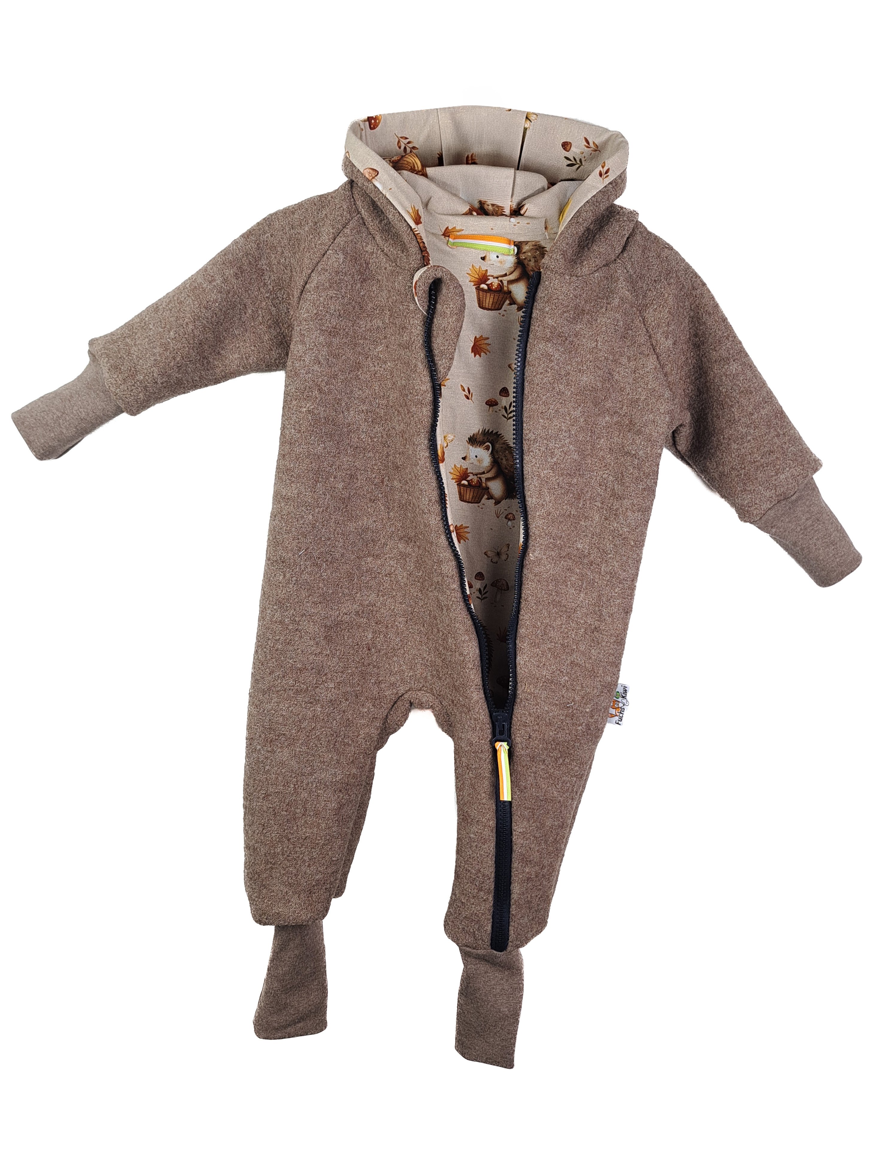 Walkoverall aus Merino Wollfleece braun meliert mit Stacheldieb