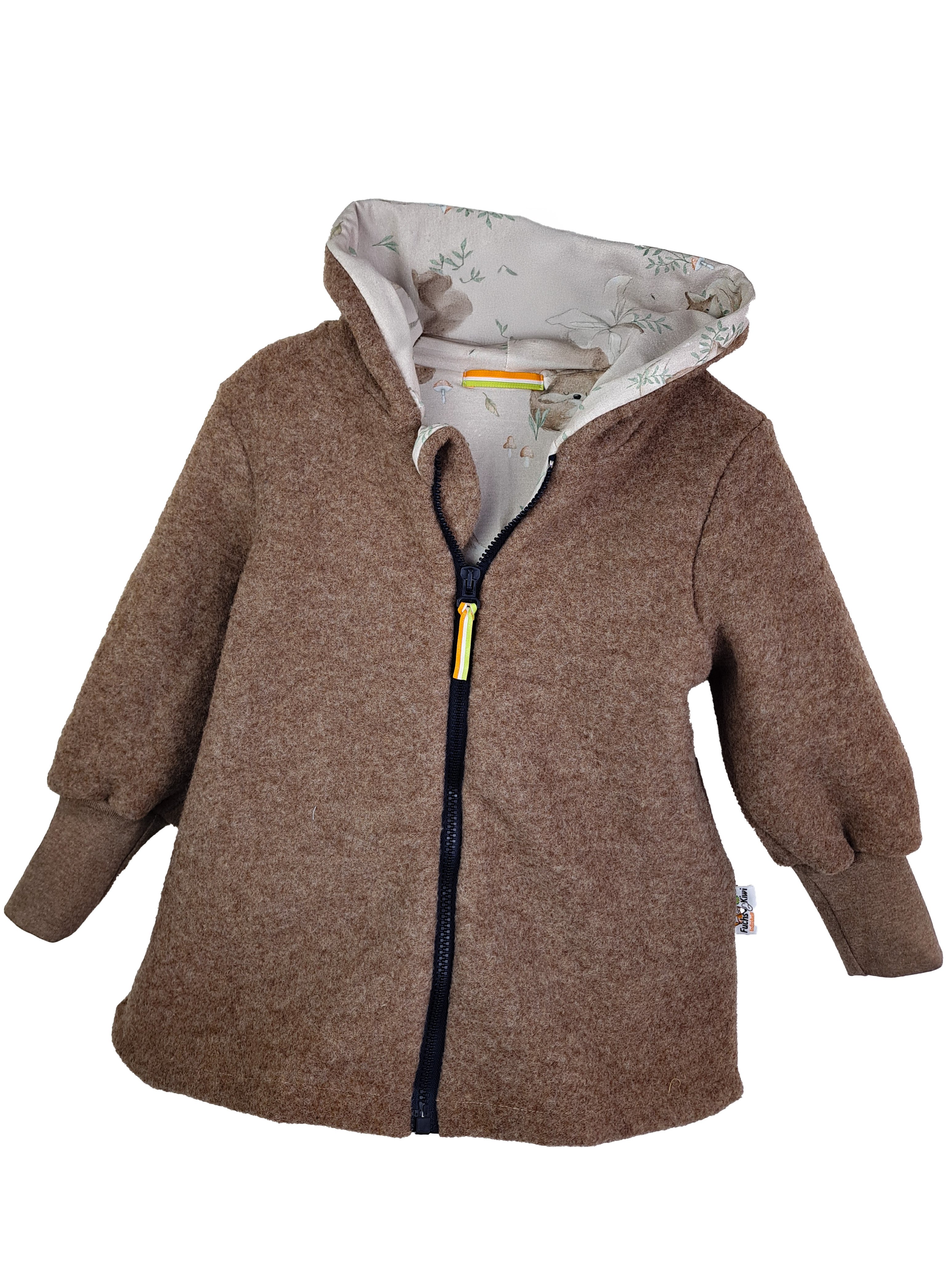 Walkmantel aus Merino Wollfleece braun meliert mit Waldfüchse