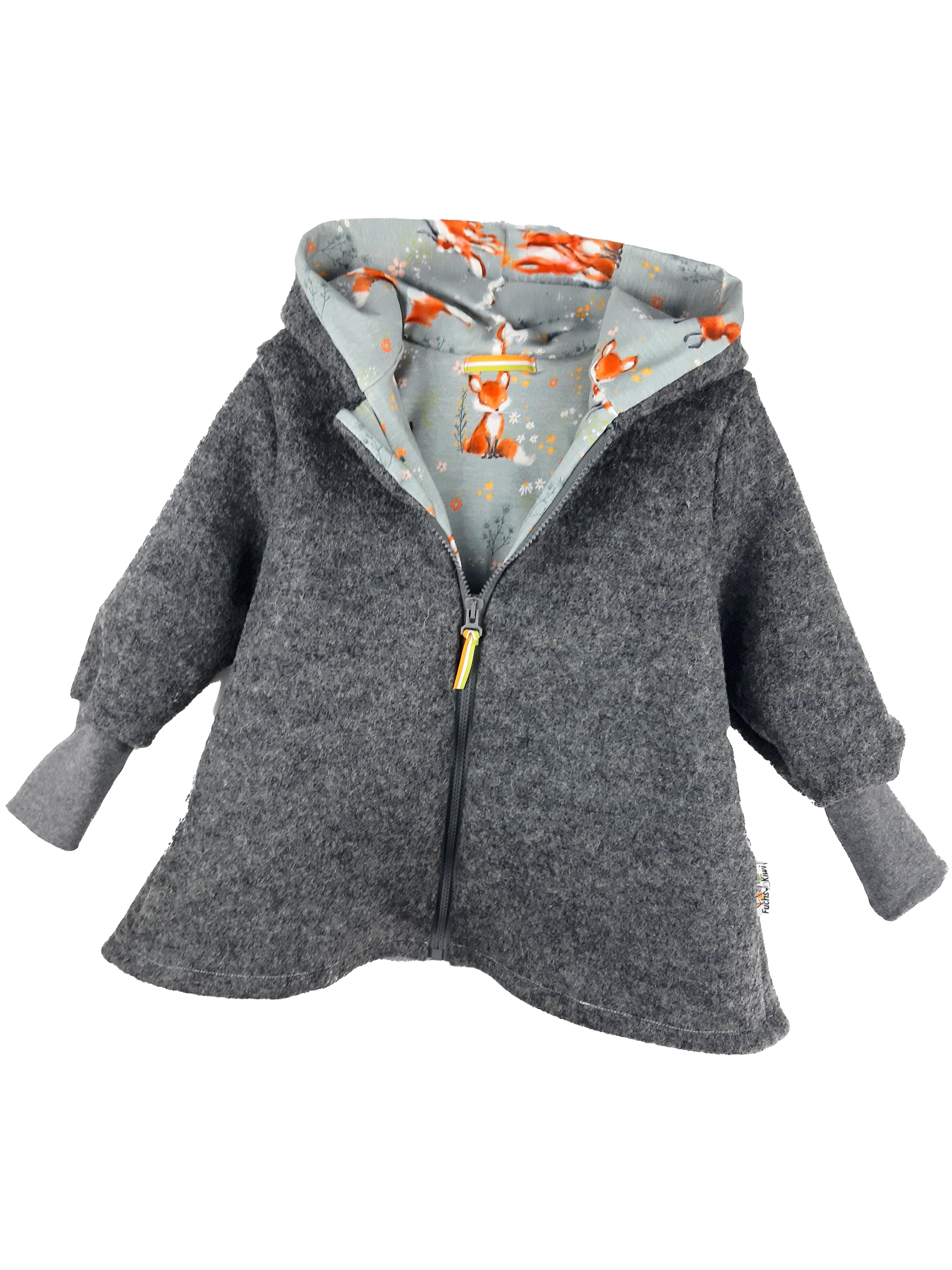 Walkmantel aus Merino Wollfleece grau mit Fuchsi grau