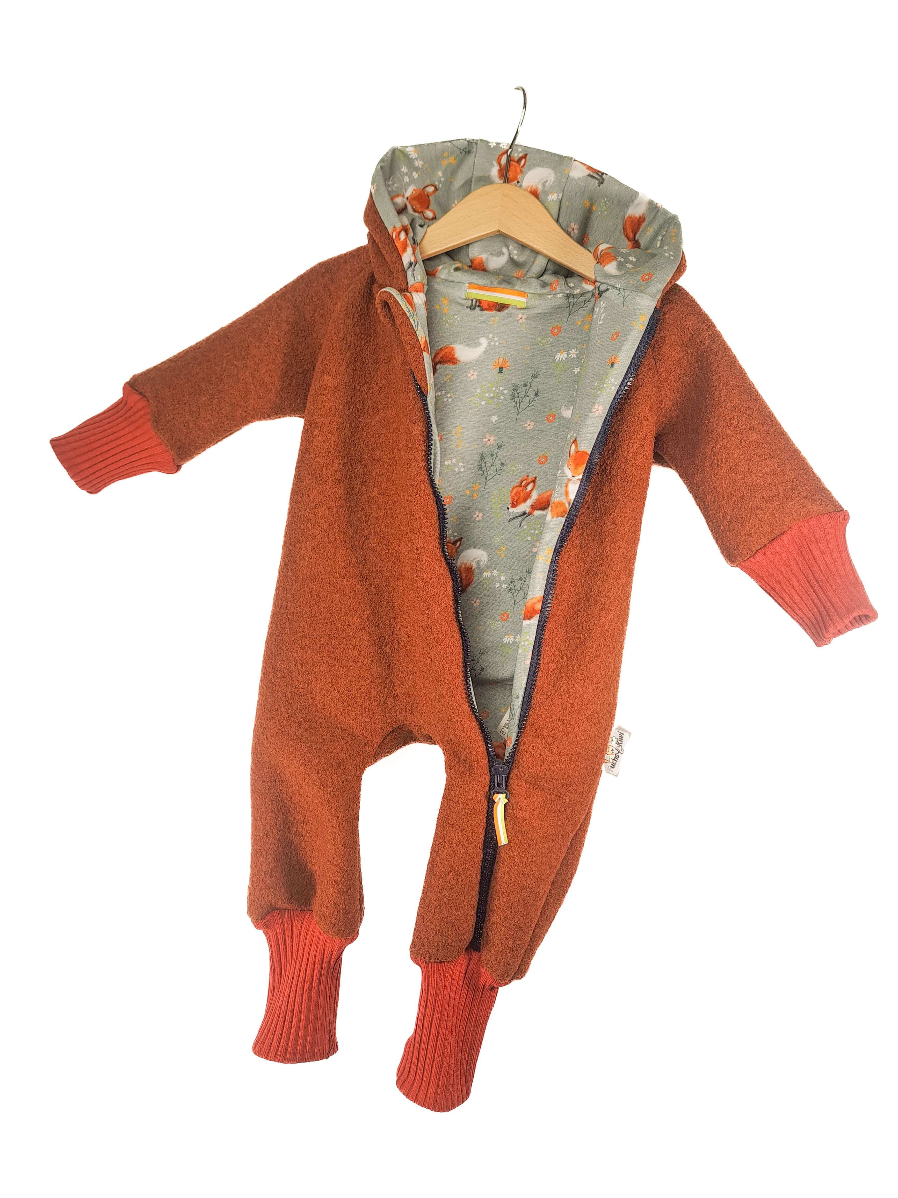 Walkoverall aus Merinowolle rost mit Fuchsi grau 68/74