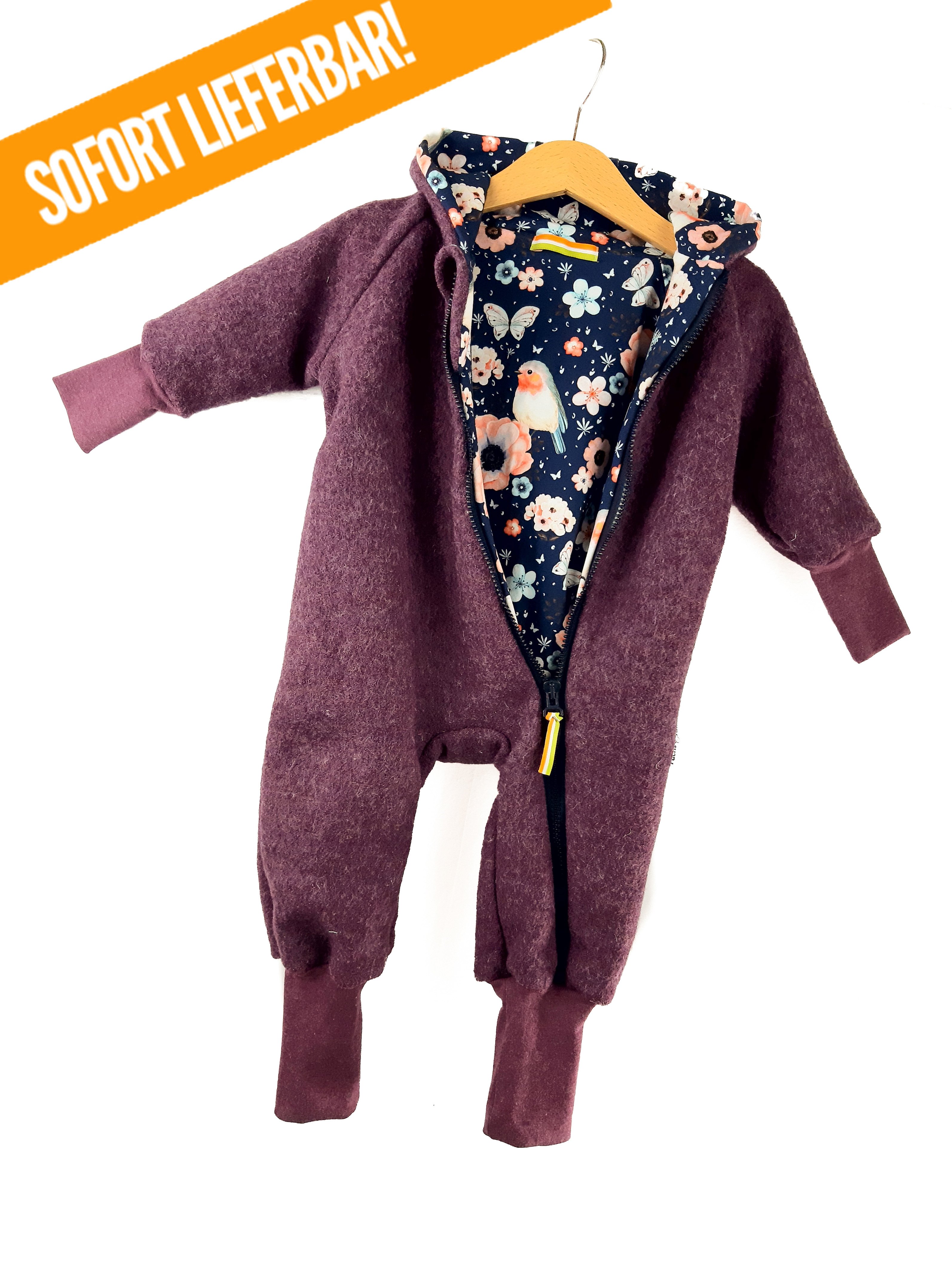 Walkoverall flieder meliert mit Vögelchen dunkelblau