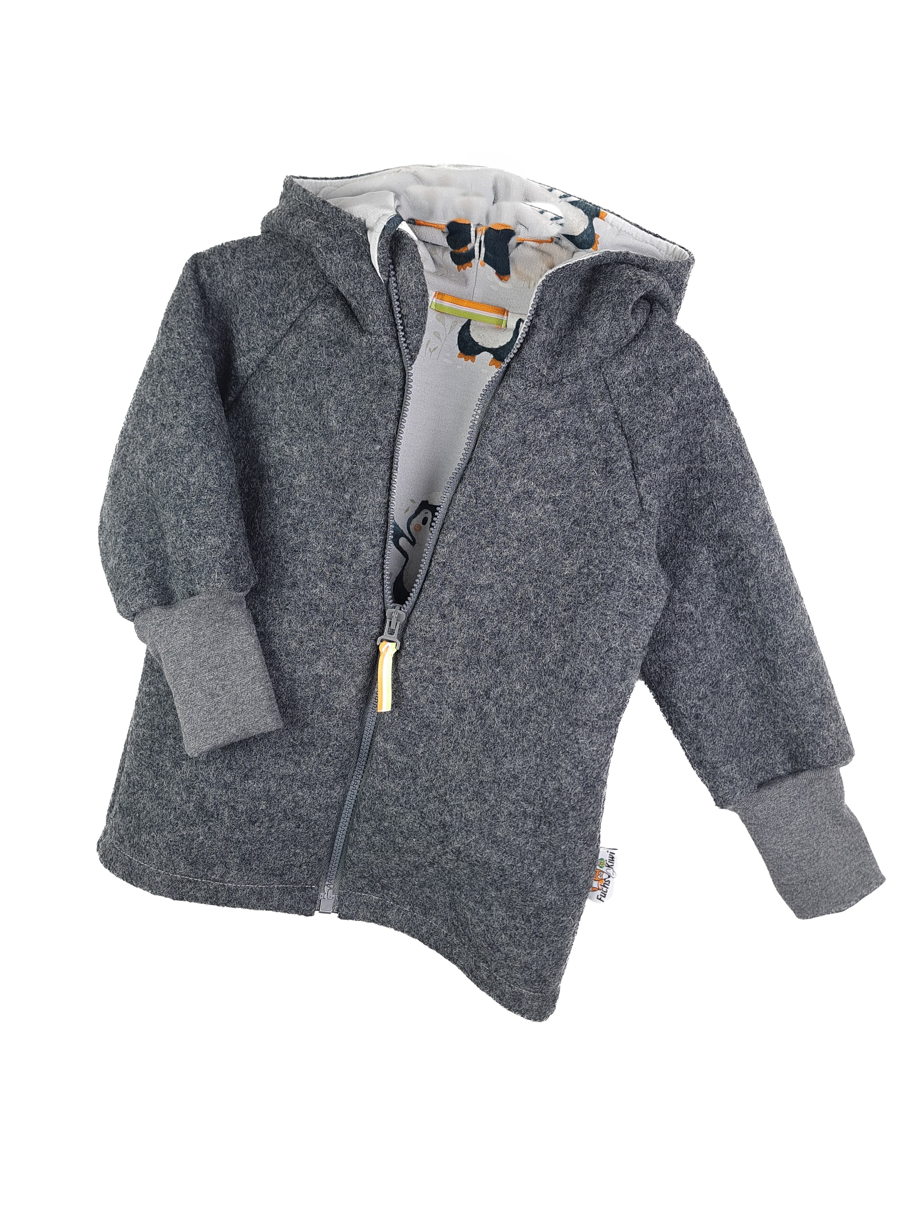 Walkjacke aus Merino Wollfleece grau mit Pinguinbaby