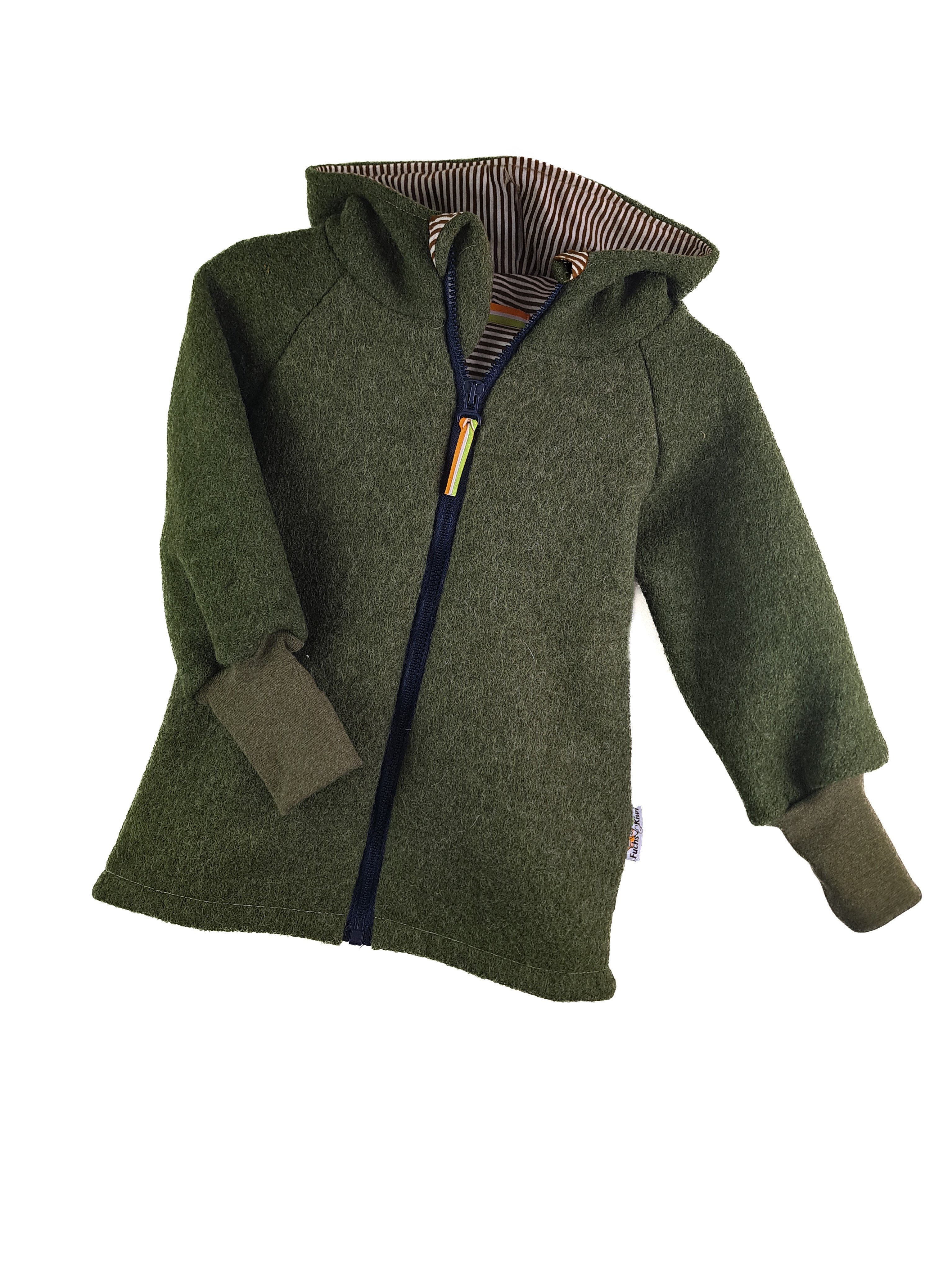 Walkjacke aus Merino Wollfleece moosgrün mit Streifen braun