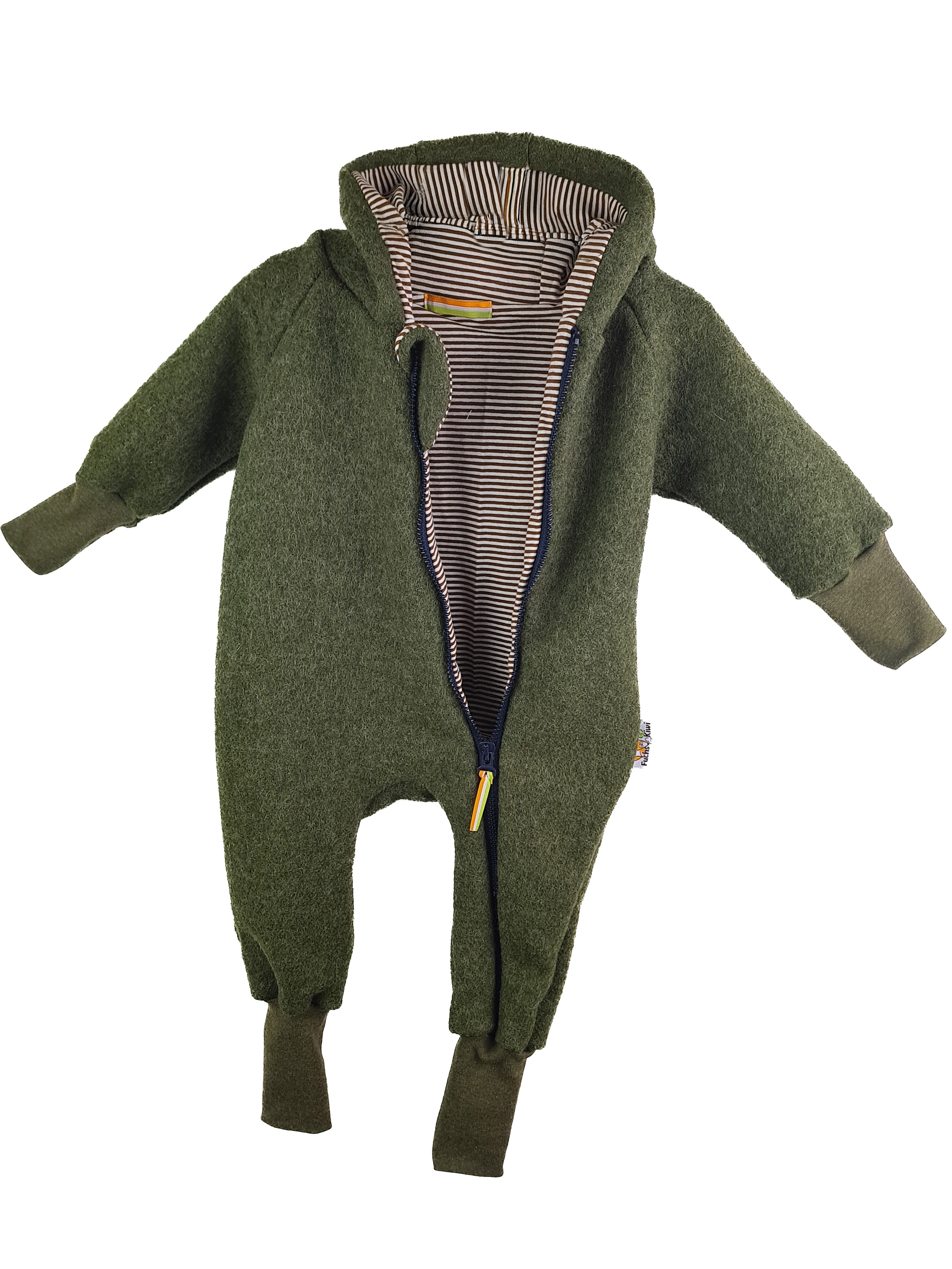 Walkoverall aus Merino Wollfleece moosgrün mit Streifen braun