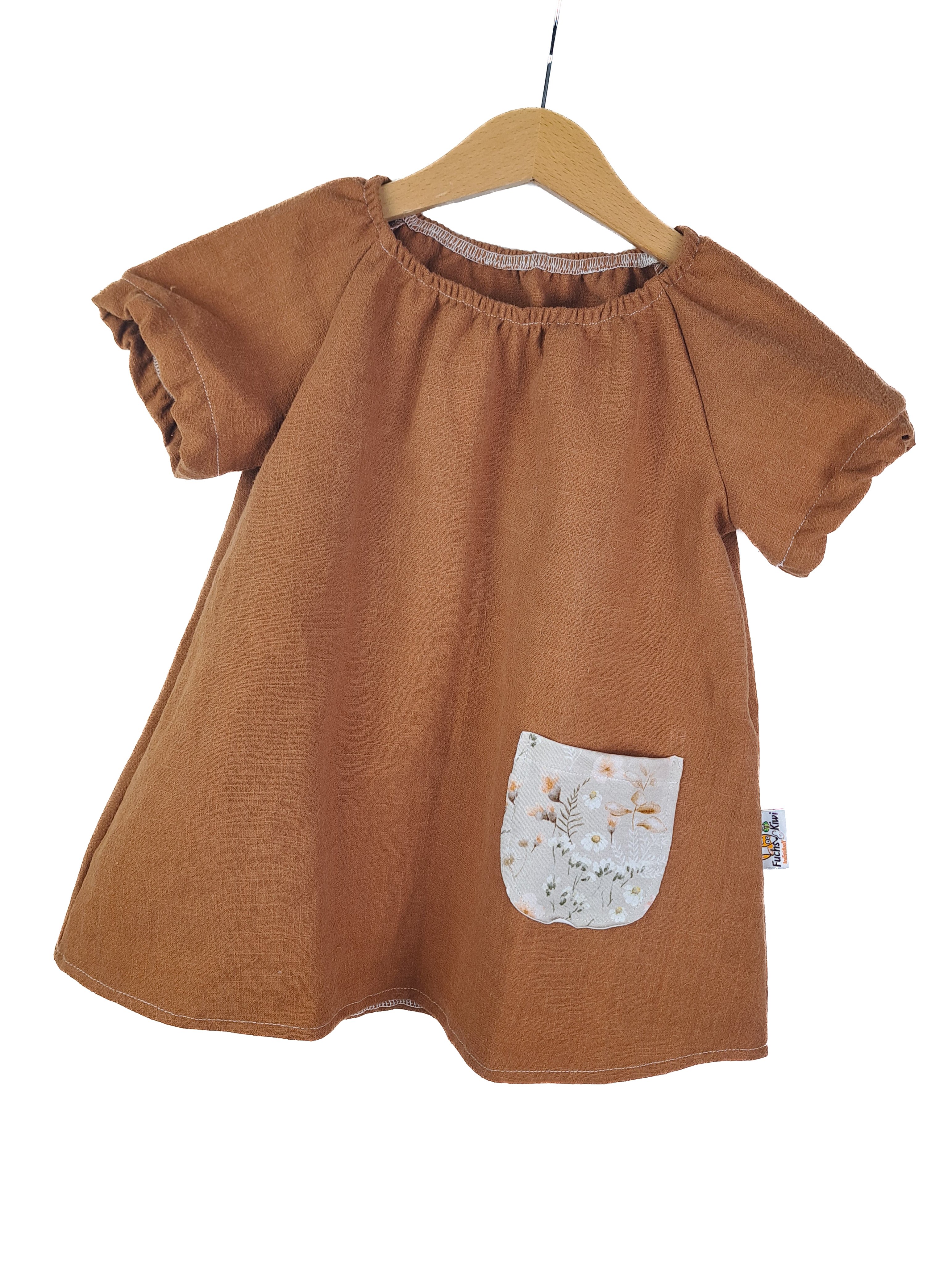 Indi Kurzarmkleid Leinen karamell mit Blümchen sand