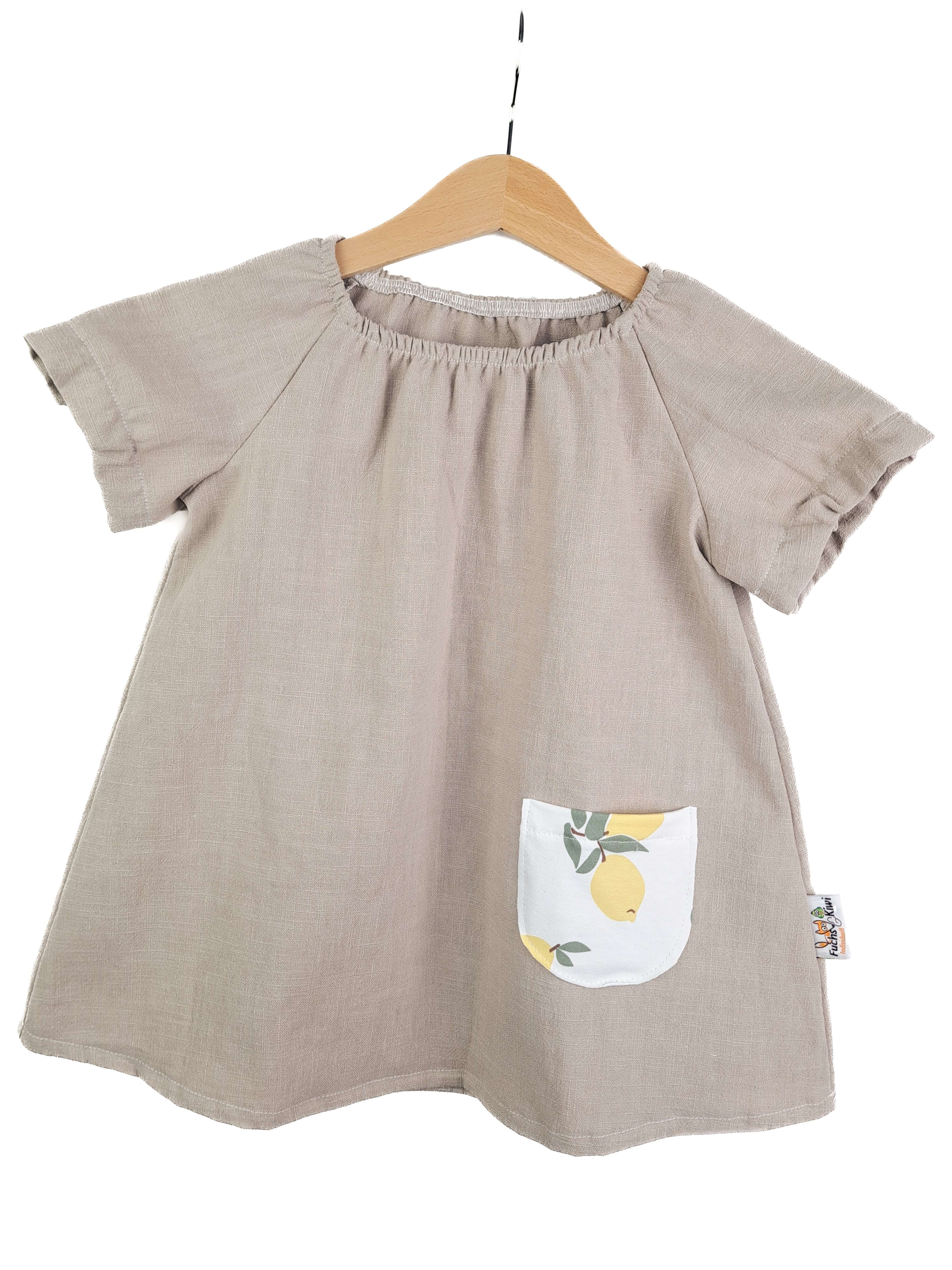 Individuell Kurzarmkleid Leinen sand mit Zitronen 86/92