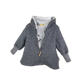Walkmantel aus Merino Wollfleece grau mit Pinguinbaby