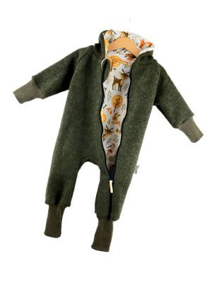 Walkoverall Walk moosgrün meliert mit Waldtiere creme 74/80