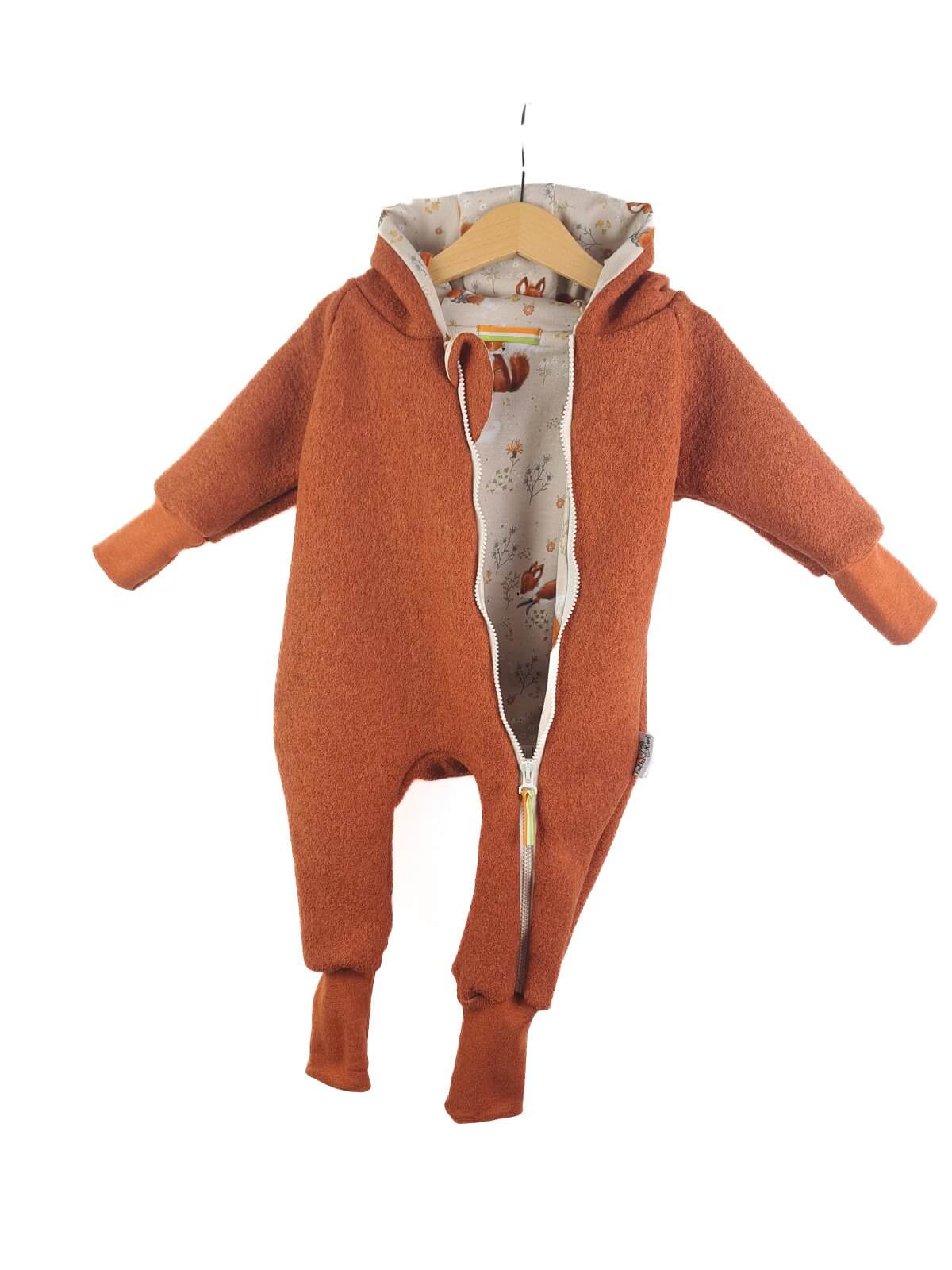 Walkoverall aus Wollfleece rost mit Fuchsi creme