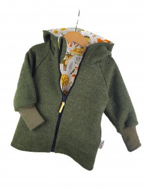 Walkjacke moosgrün meliert mit Waldtiere creme