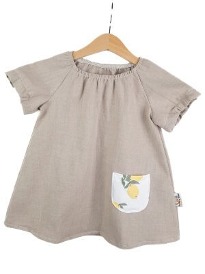 Indi Kurzarmkleid Leinen sand mit Zitronen