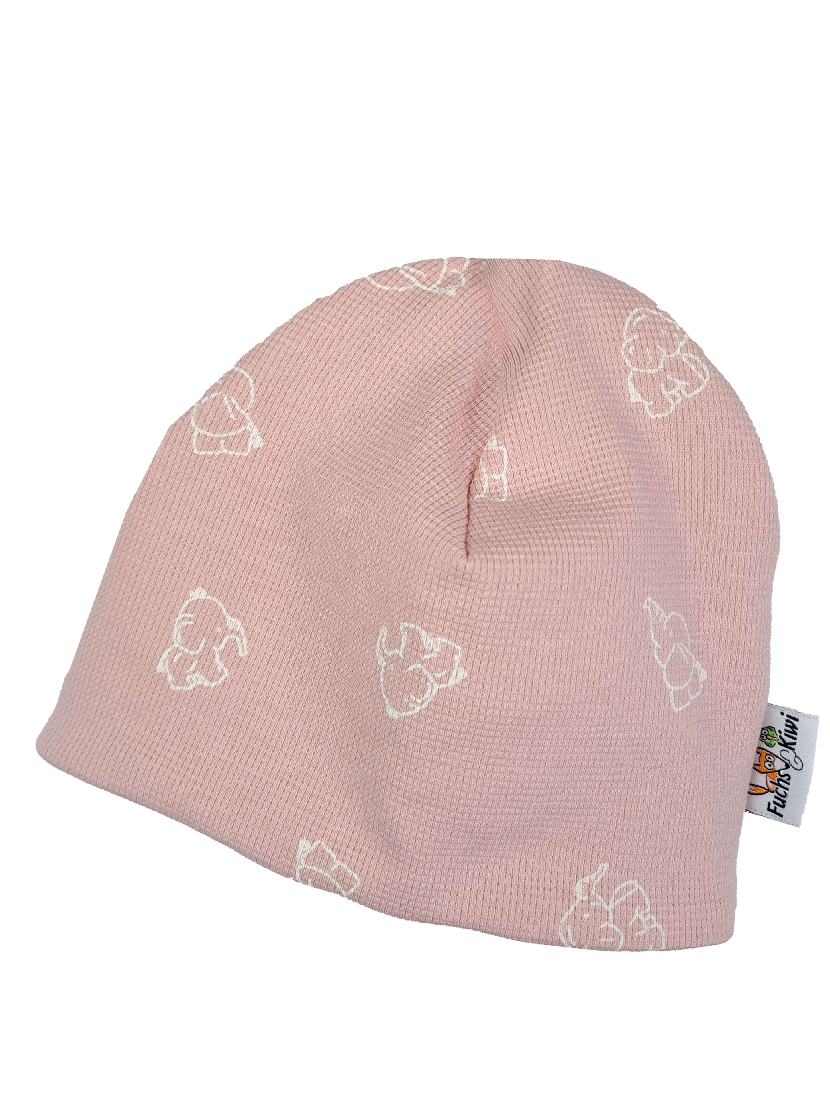 Beanie Waffel Elefanten rosa 44-46 doppellagig