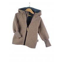 Walkjacke aus Merinowolle braun meliert mit Bären dunkelblau