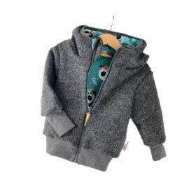 Walkjacke grau meliert mit Panda petrol