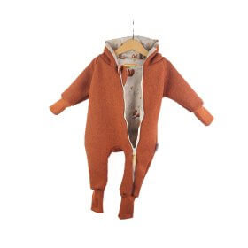 Walkoverall aus Wollfleece rost mit Fuchsi creme