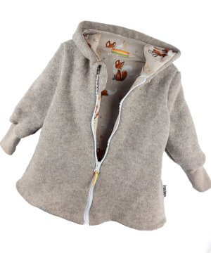 Walkmantel aus Merino Wollfleece sand meliert mit Fuchsi creme